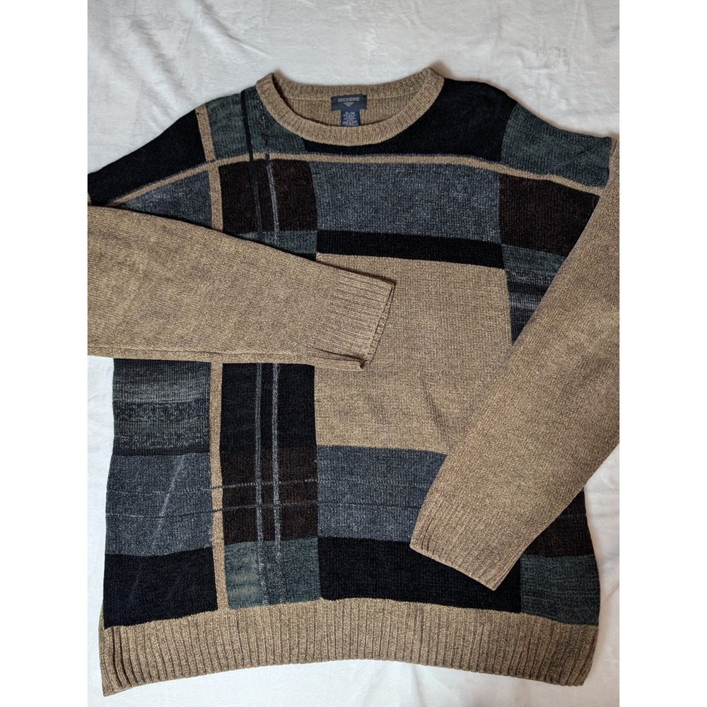 Dockers Mens XL Crewneck Sweater Colorblock Patchwork Brown Grey 90s Grandpacore